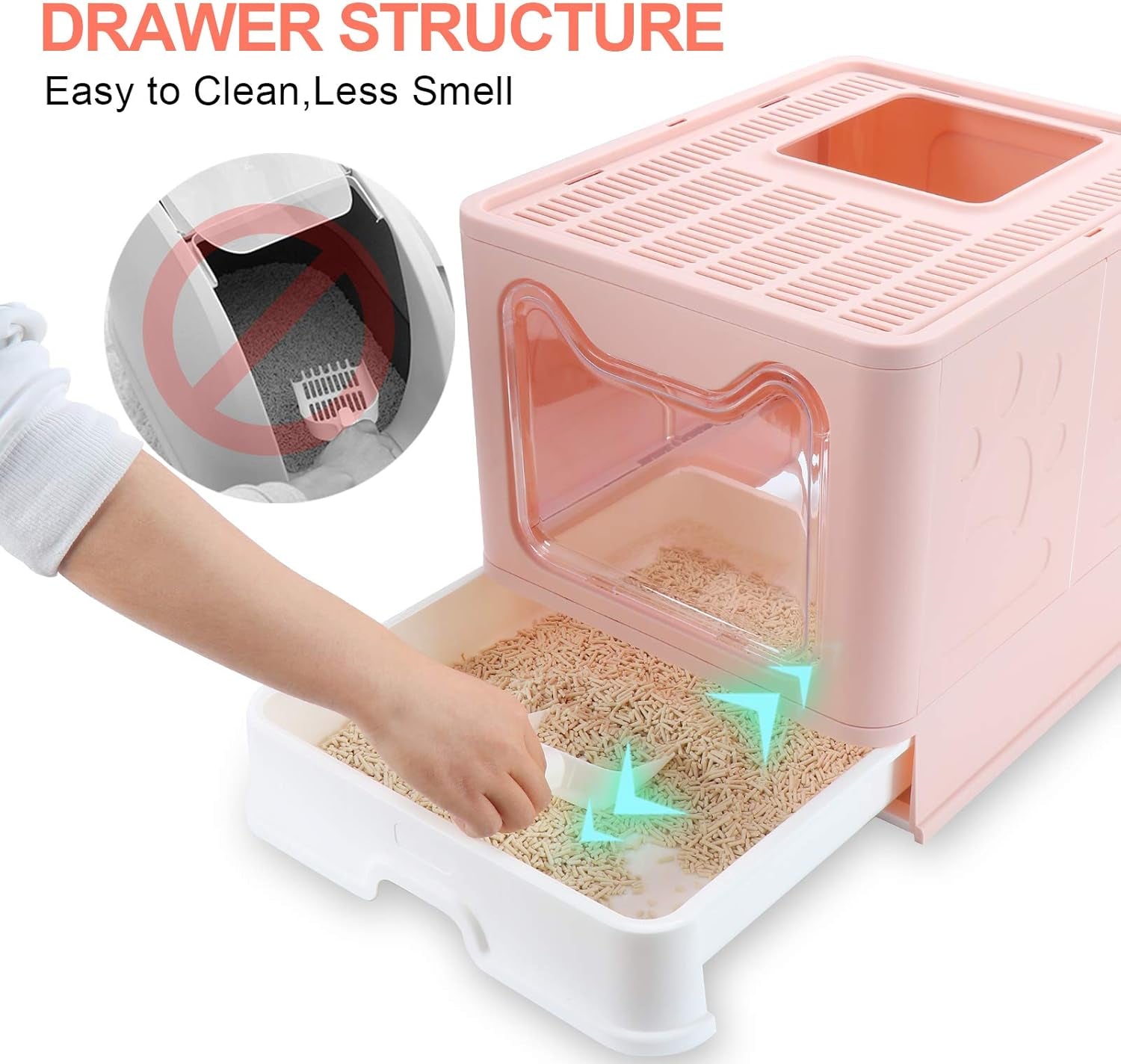 Enclosed Litter Box, Large, Foldable Top Entrance, Easy Clean, No Smell, Pink, Plastic, Cat Litter Box with Lid